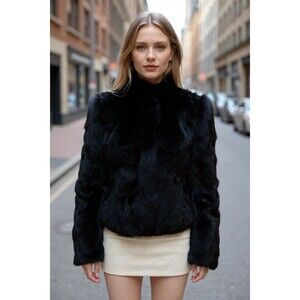 Vintage Bermans Black Dyed Rabbit Fur Coat Size M Luxury City Classic Mob Wife